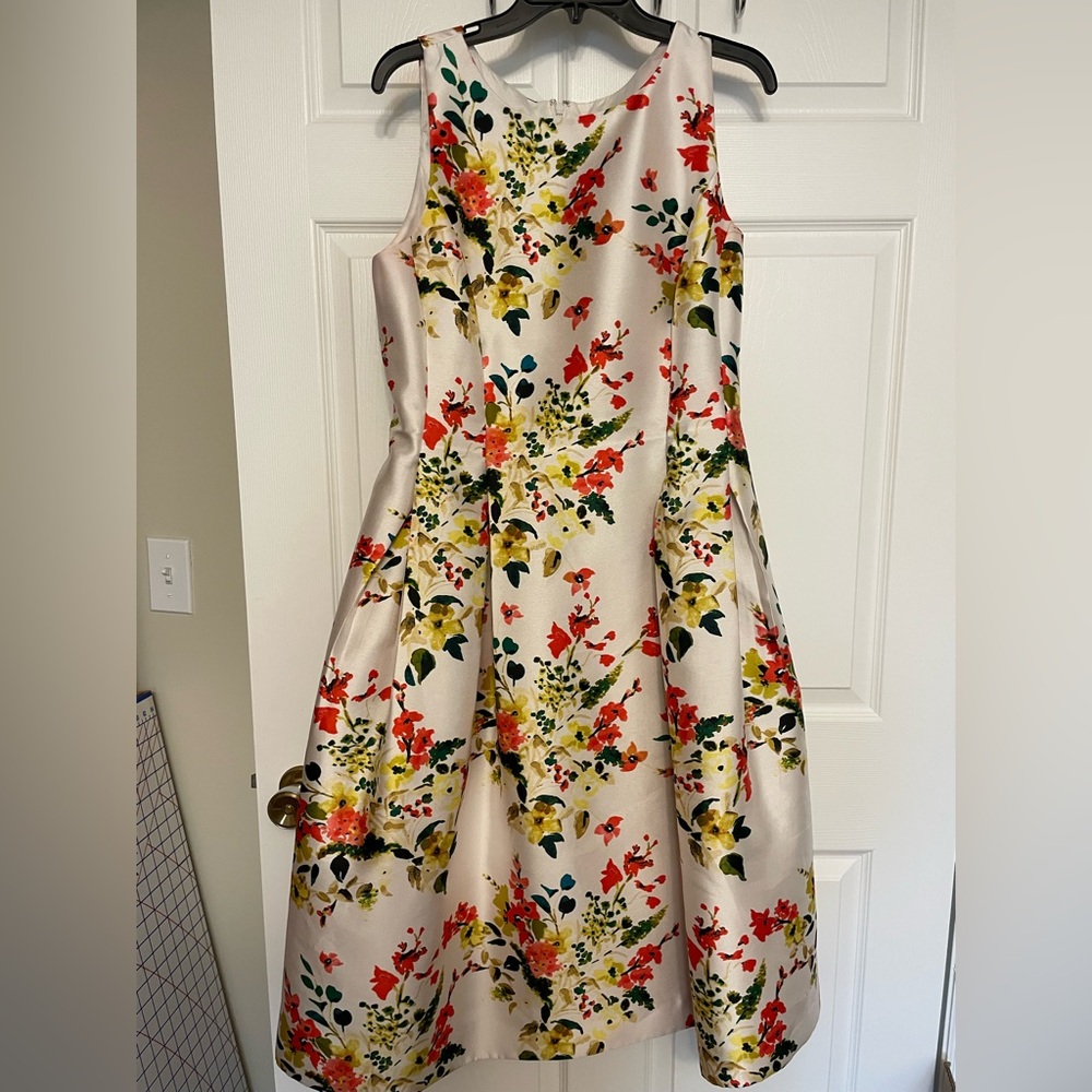 Floral Satin Midi mikado Dress in Ivory with coral & Yellow Blooms
